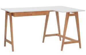 Bílý lakovaný rohový pracovní stůl RAGABA LUKA 135 x 85 cm s dubovou podnoží