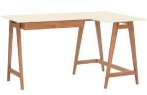 Krémově bílý lakovaný rohový pracovní stůl RAGABA LUKA 135 x 85 cm s dubovou podnoží